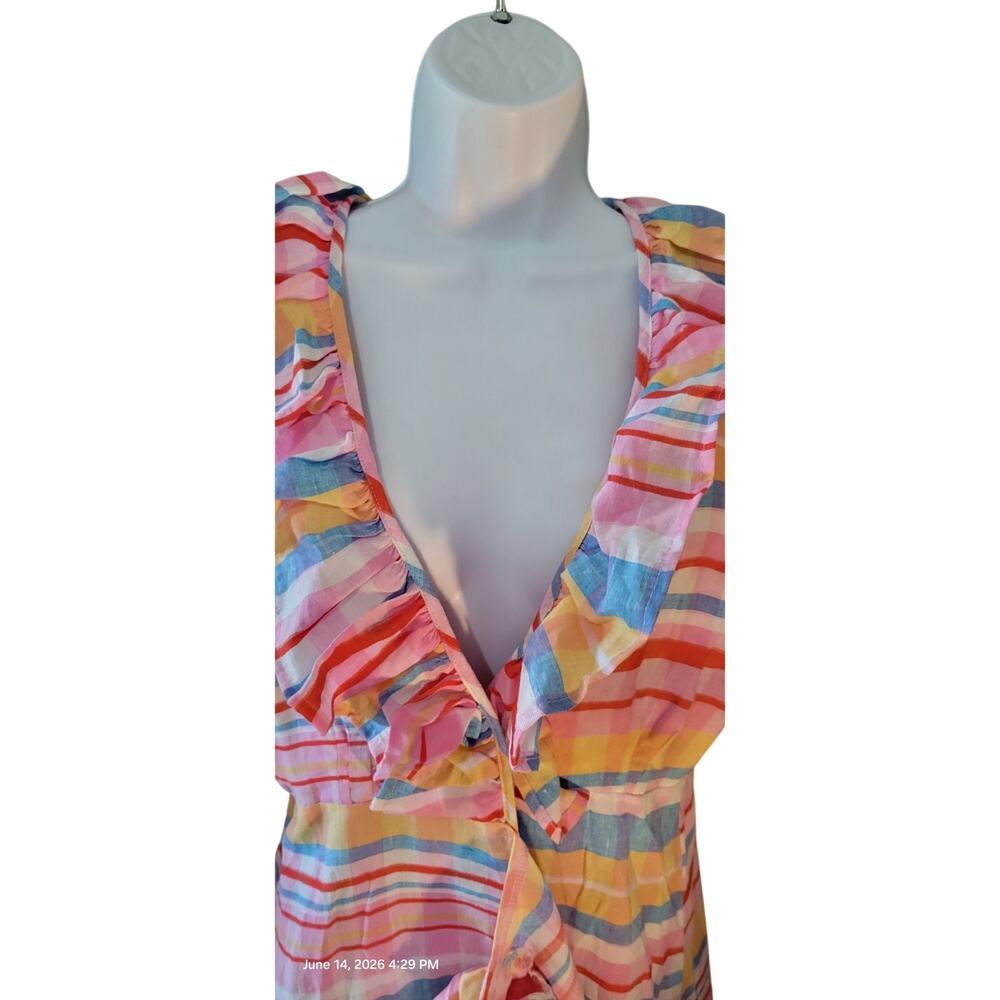 Never A Wallflower Ruffle Long Wrap Linen Dress Pink Spanish Plaid Sz M - Picture 5 of 8